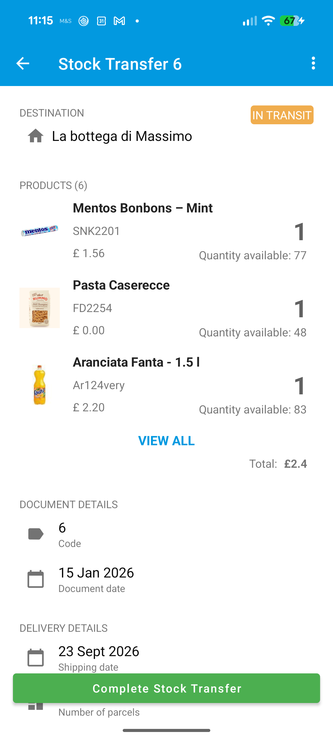 Pulsante Completa trasferimento merci