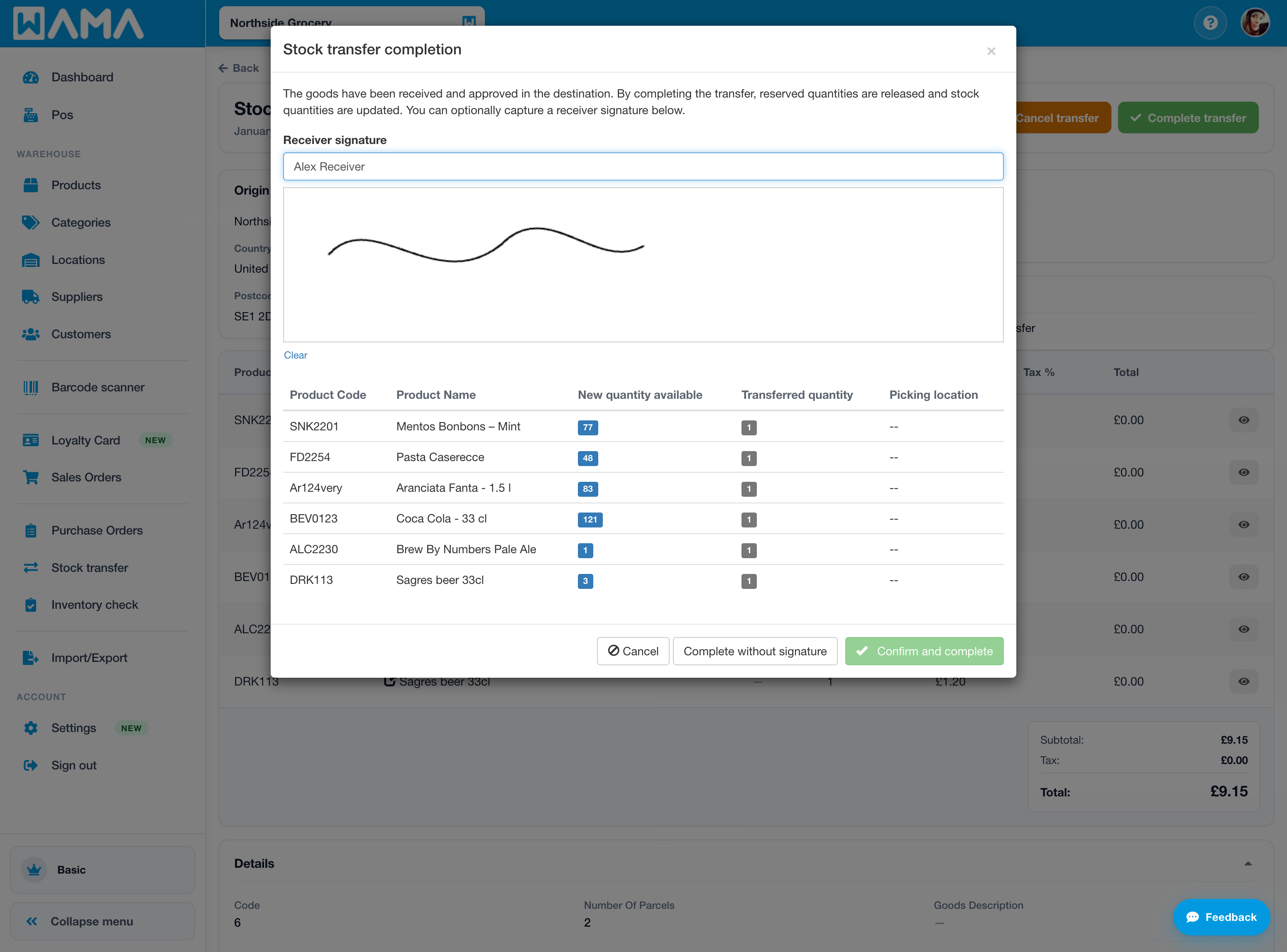 Stock transfer completion with receiver signature